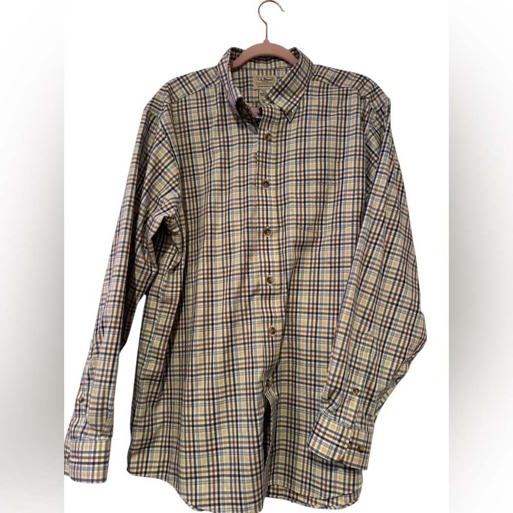 L.L. Bean Men’s Plaid Button-Down Shirt in Beige, Navy & Yellow